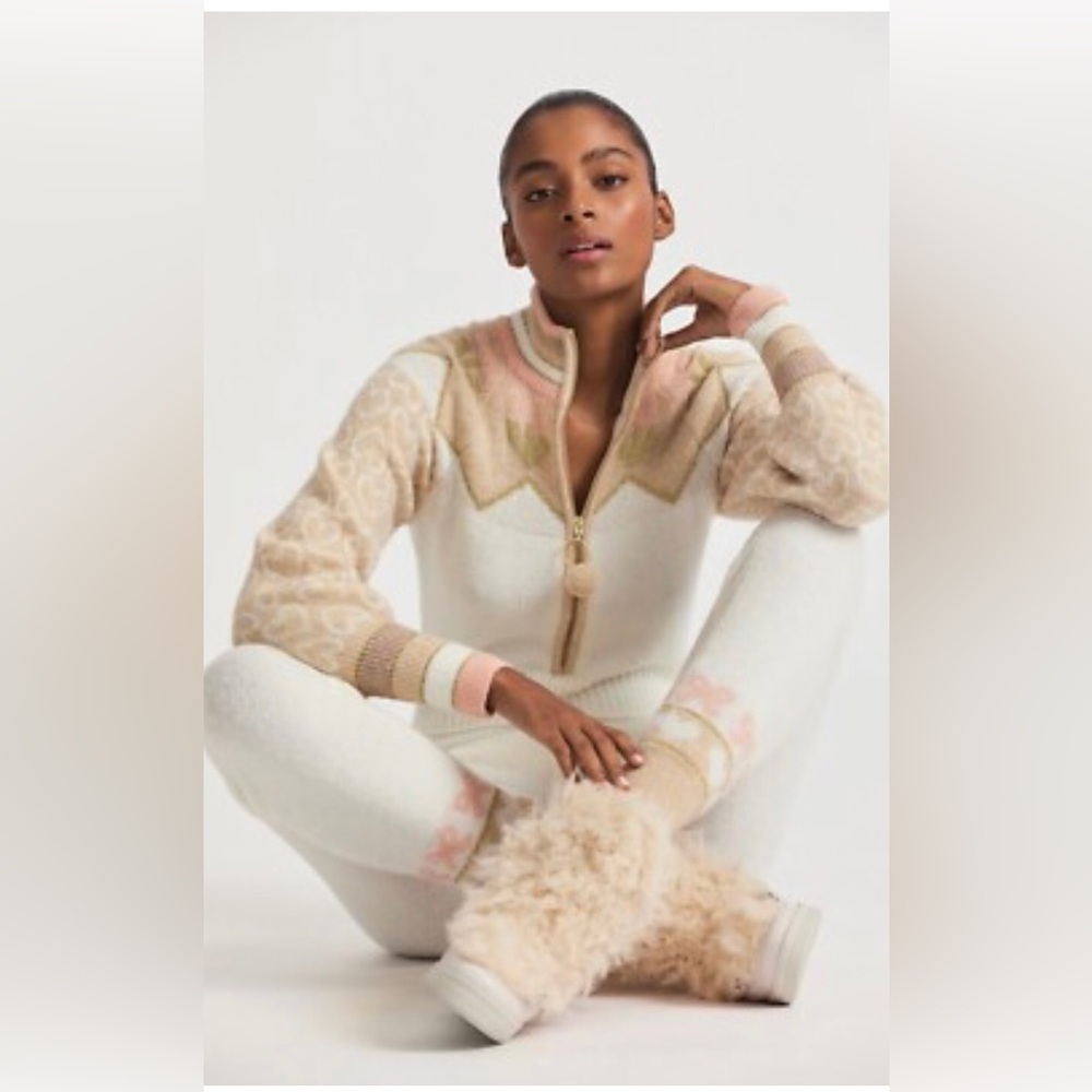 LoveShackFancy NEW Lali Knit Wool Heart Bow Onesie Jumpsuit in Champagne Size M